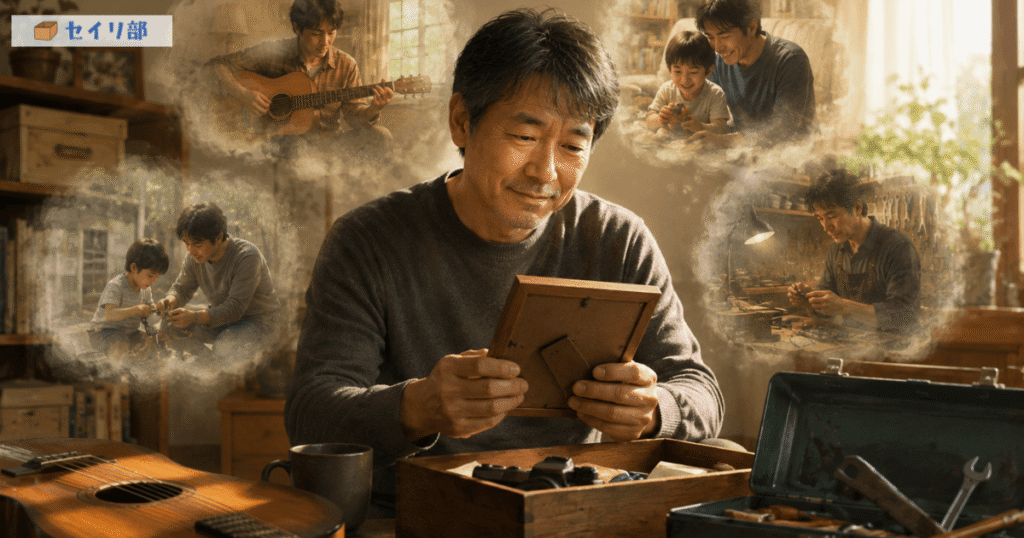 物に思い出を重ねる男性のイラスト。古いギターや工具を手に、過去の記憶が浮かんでいる