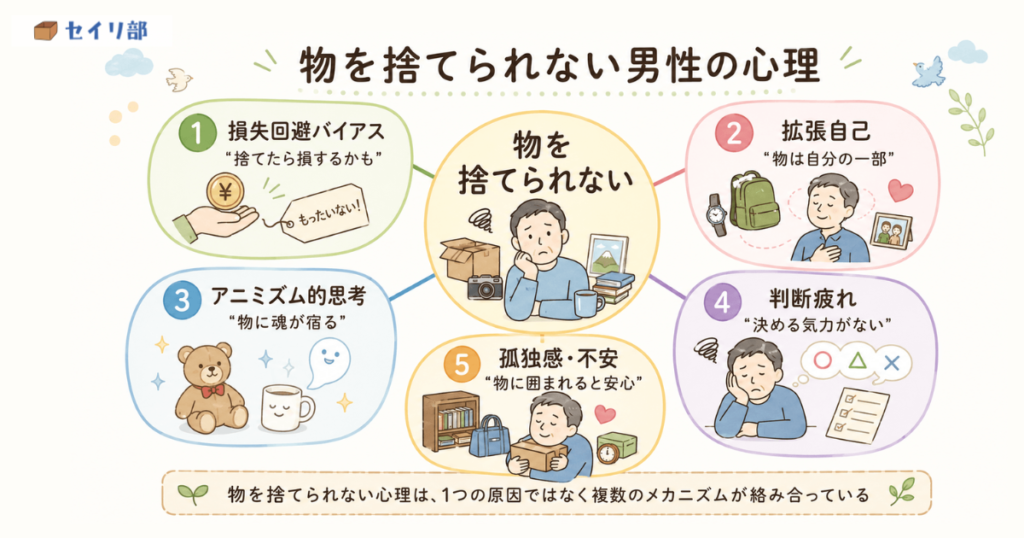 物を捨てられない男性の心理に隠された5つの理由の概念図