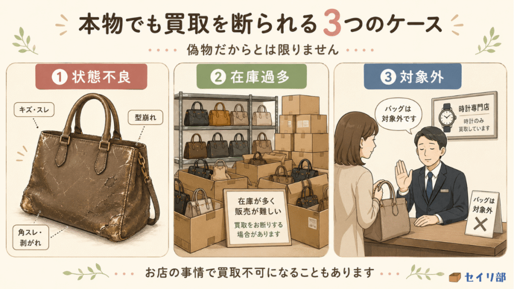 買取を断られる3つのケース(状態不良・在庫過多・対象外)
