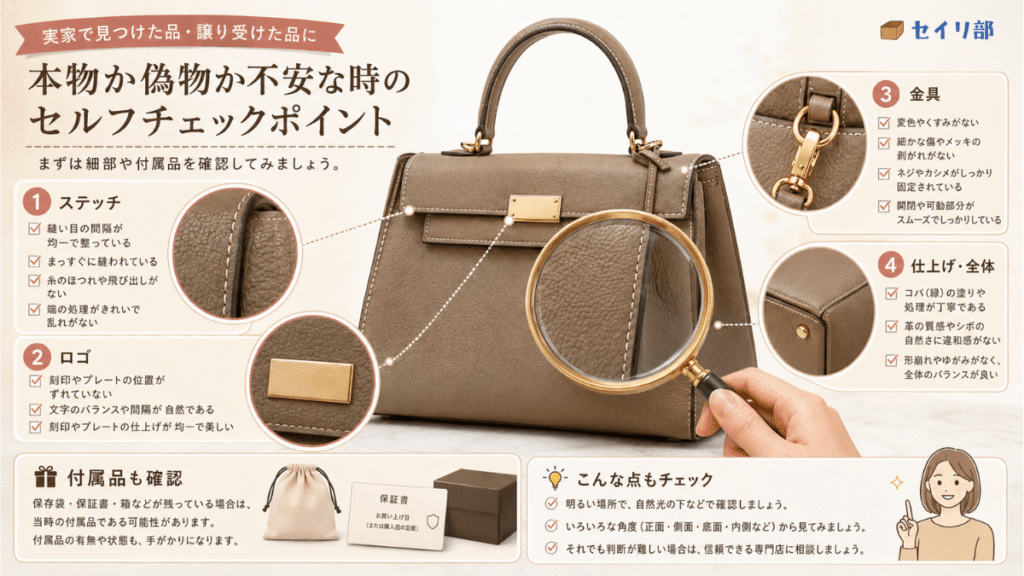 虫眼鏡でブランド品のステッチを確認するイラスト