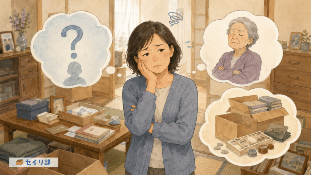 一人で実家の片付けの負担を抱え込む一人っ子のイメージ