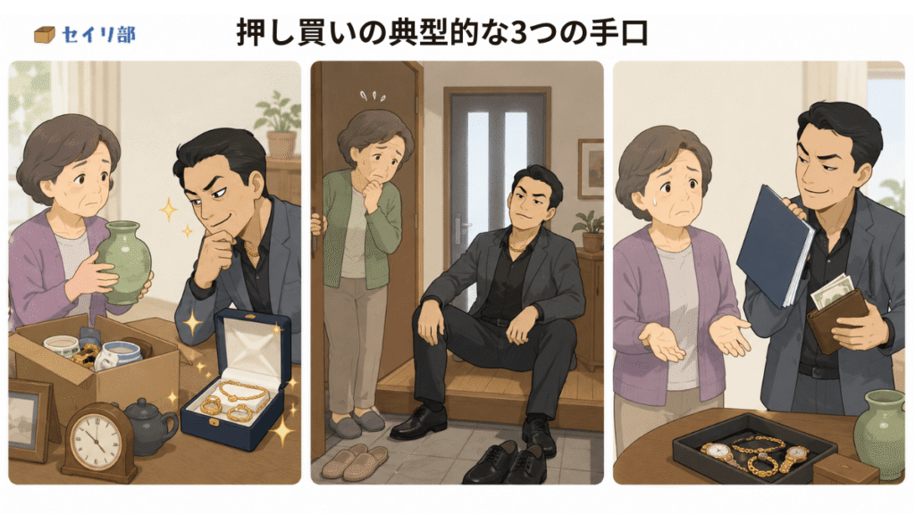 押し買いの典型的な3つの手口。不用品と言いながら貴金属を狙う、居座って帰らない、契約書を渡さないという3つのシーンをアイコンやイラストで表現