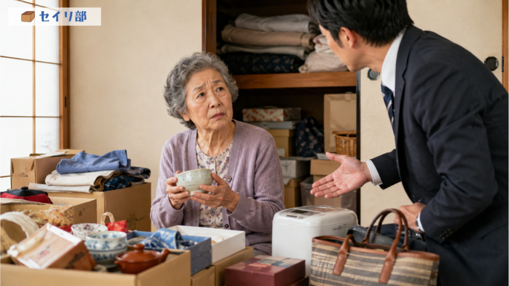 押し入れいっぱいの荷物を前に途方に暮れる高齢者、または業者に強く言われて困惑している高齢者