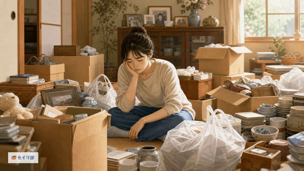 一人で実家の片付けを背負い込み疲労している様子