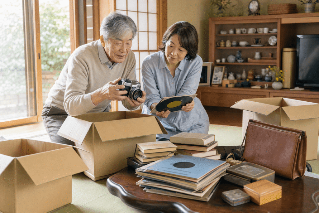 実家の片付けで出てきた古い本やカメラ、レコードなどを親子で確認している様子