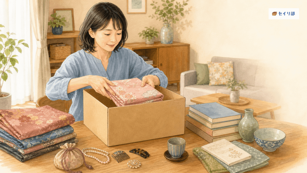 宅配買取用の段ボールに品物を梱包する様子