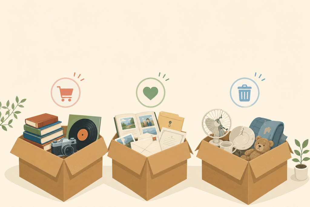 実家の荷物を売るもの、残すもの、処分するものの3つの箱に分けて整理する図