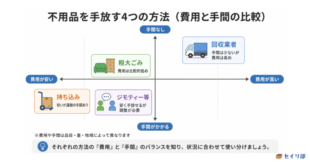 不用品を手放す4つの方法の費用と手間の比較マトリクス