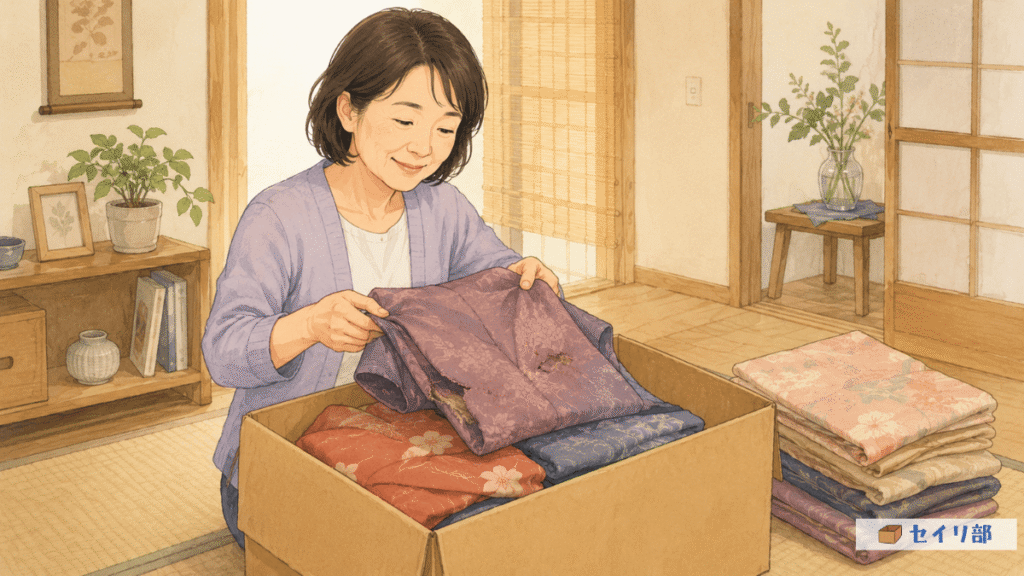 買取不可の着物を整理する様子