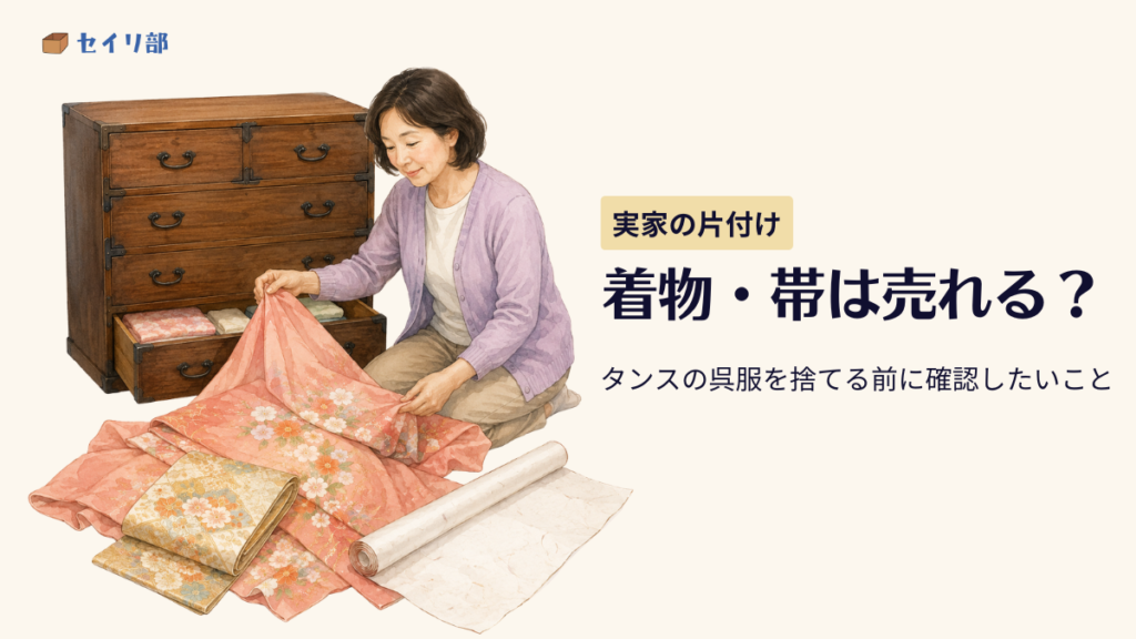 実家の着物や帯を整理する女性