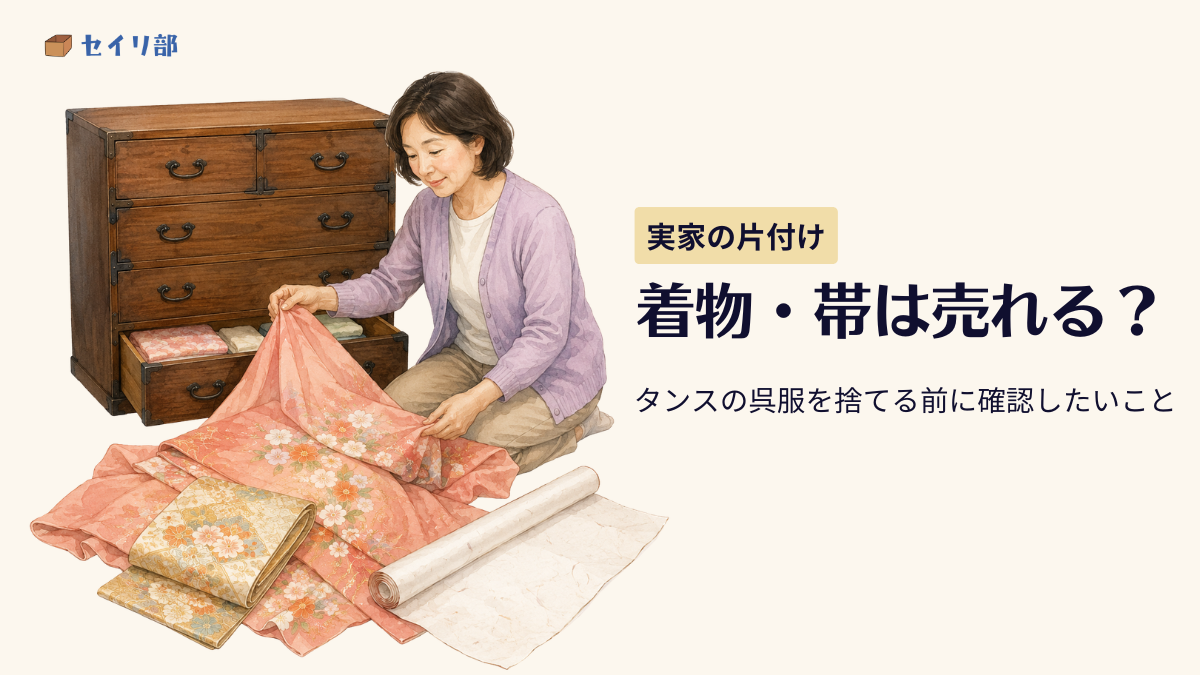 実家の着物や帯を整理する女性