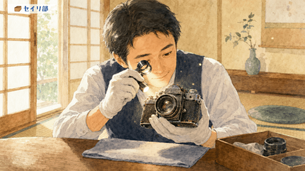 カメラの買取専門家が丁寧に査定している様子