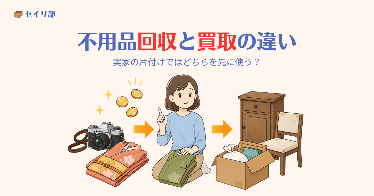 不用品回収と買取の違いと実家の片付けでの基本の順番を示すイラスト