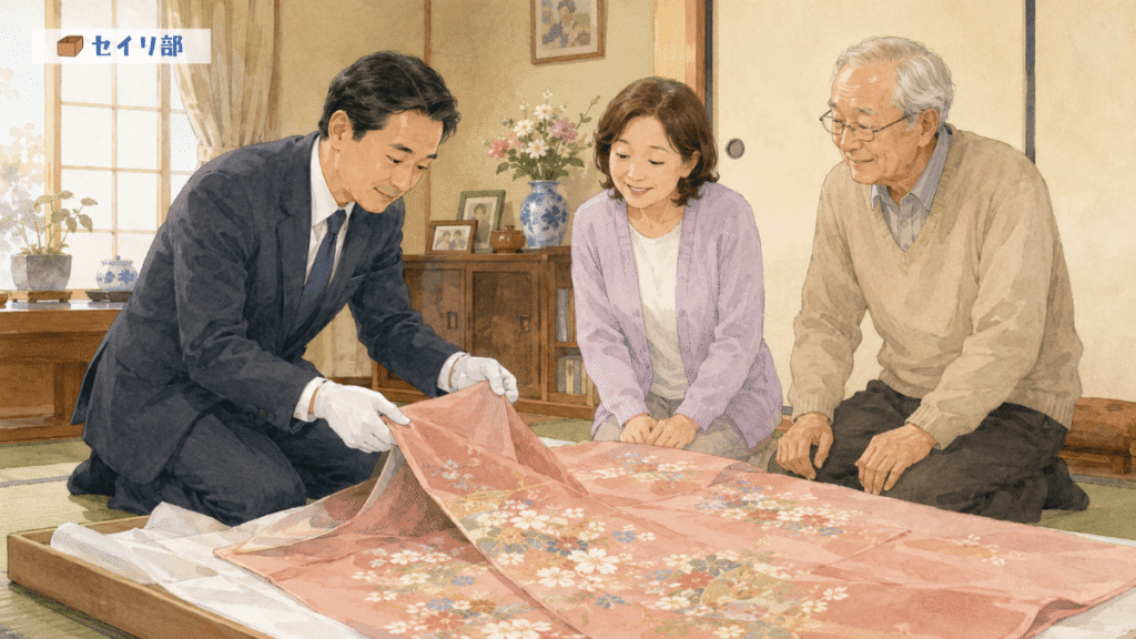 自宅で着物の査定を受ける様子