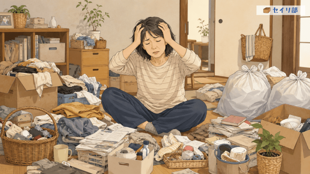 部屋の物を全部捨てたい衝動に駆られている様子