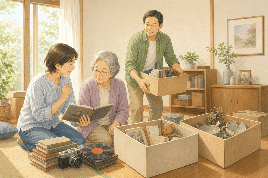 実家のリビングで親子が段ボールの荷物を確認し、古い本や写真を整理している様子