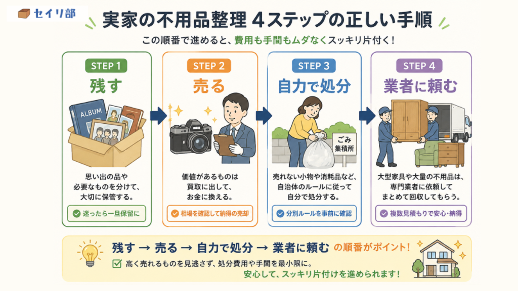 実家の不用品を見落としを減らしながら片付けるための具体的な4つのステップを紹介