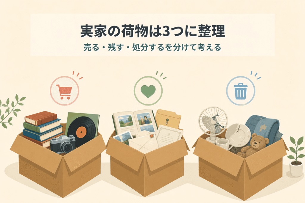 実家の荷物を「売れる物」「家族に確認」「処分」の3箱に仕分けるイメージ図