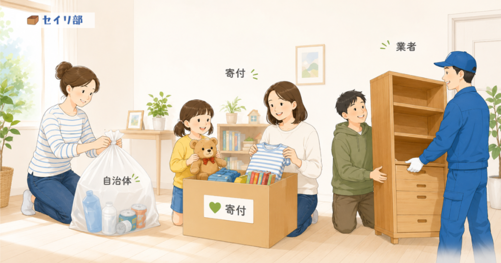 不用品を「自治体・寄付・業者」の3つに仕分けている風景