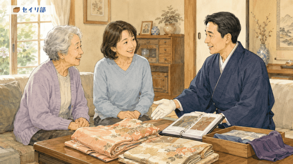 家族で着物の出張買取を利用する様子