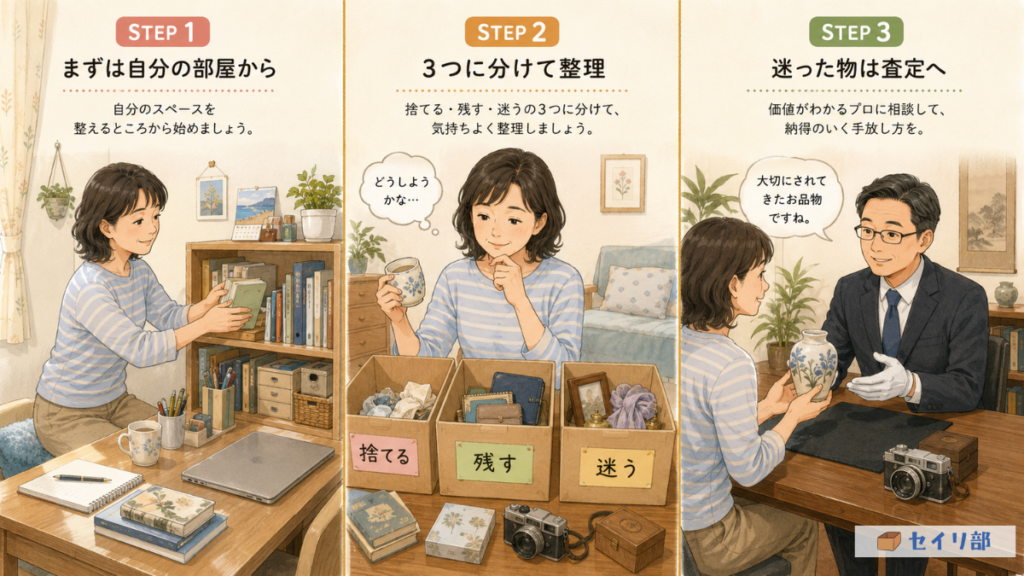 実家の片付けを成功させる3つのステップ図解