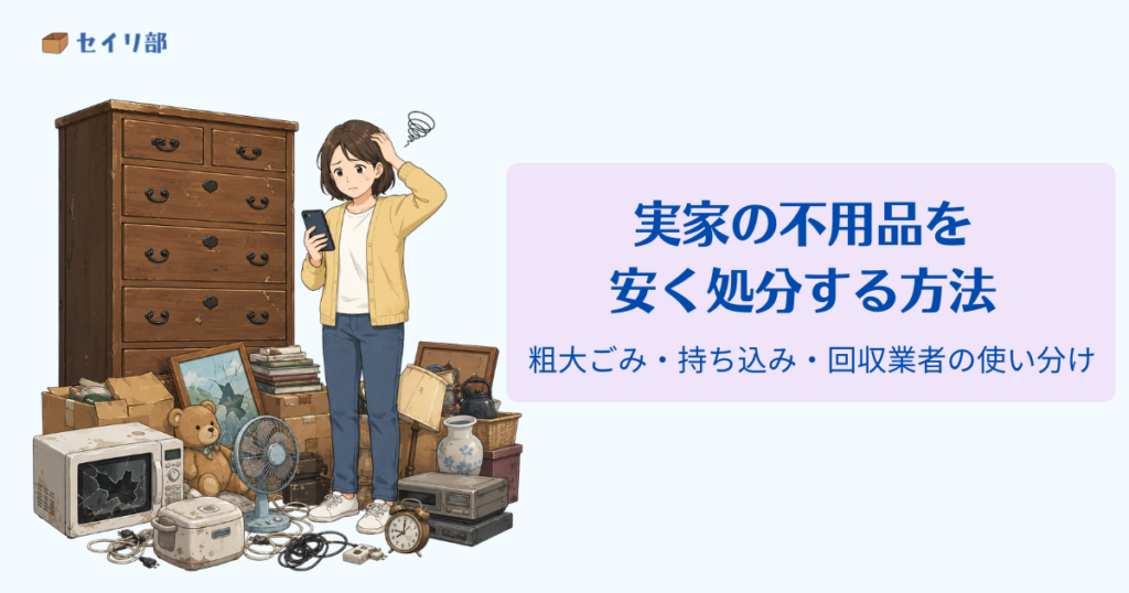 実家の不用品を安く処分する方法を検討している様子