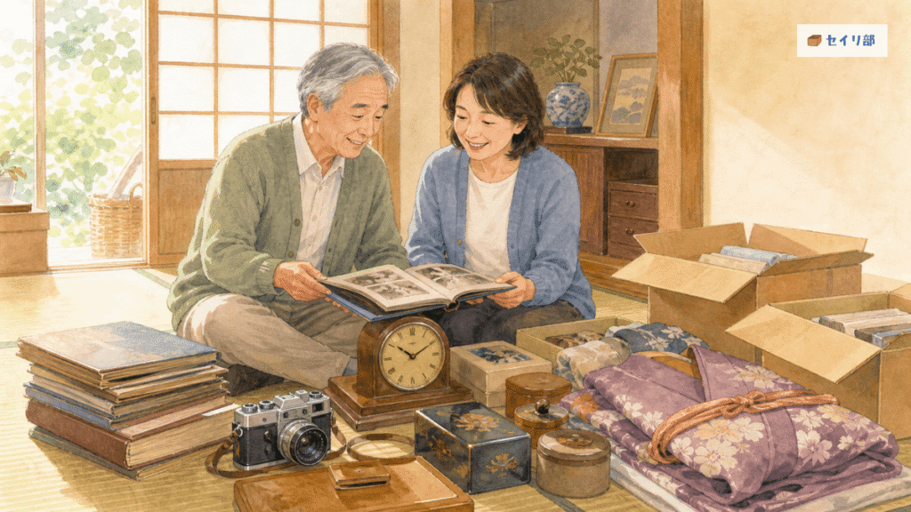 売るものと捨てるものを仕分ける親子の様子