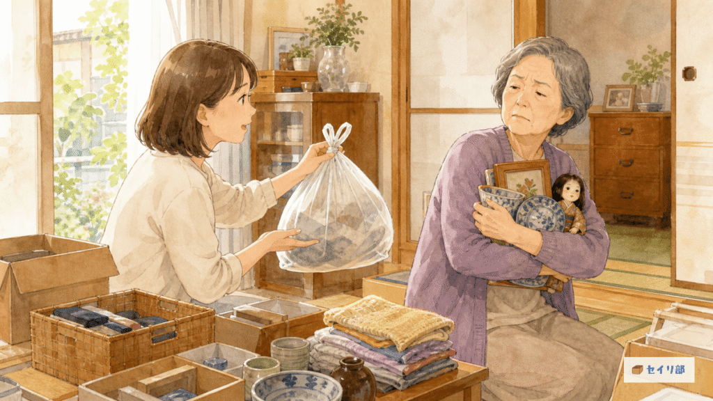 物を捨てようと説得する子どもとかたくなになる親